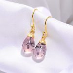Natural Pink Dot Quartz Teardrop Dangle Earrings For Wife 14k Gold Handmade Jewelry