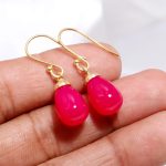 Natural Hot Pink Chalcedony Teardrop Dangle Earrings 14k Gold Jewelry Wedding Gift