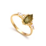 Rough Moldavite Marquise Shape Engagement Ring 14K Gold Healing Crystal Jewelry