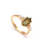 Natural Moldavite Elongated Hexagon Statement Ring 14K Gold Jewelry Birthday Gift