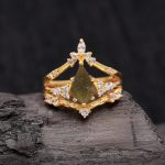 Natural Czech Republic Raw Moldavite Kite Shape Crown Ring 14K Gold Jewelry Boho Gift