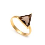 Natural Smoky Quartz Triangle Shape Ring 14K Gold Bohemian Jewelry Gift For Him