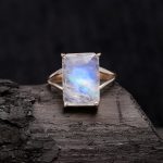 Natural Rainbow Moonstone Octagon Unique Ring 925 Sterling Silver Statement Jewelry