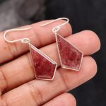 Natural Red Strawberry Quartz Kite Dangle Earrings 925 Sterling Silver Unique Jewelry