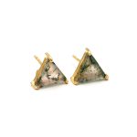 Natural Moss Agate Triangle Shape Tiny Stud Earrings 14k Gold Wedding Jewelry
