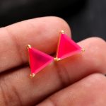 Natural Hot Pink Chalcedony Triangle Stud Earrings 14k Gold Boho Jewelry
