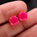 Natural Hot Pink Chalcedony Pentagon Boho Stud Earrings 14k Gold Vintage Jewelry