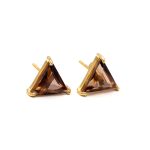 Natural Smoky Quartz Triangle Stud Earrings For Sister 14k Gold Handmade Jewelry
