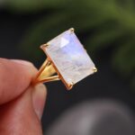 Natural Rainbow Moonstone Octagon Stacking Ring 14K Gold Handmade Jewelry Valentine day Gift