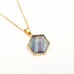 Natural Rainbow Fluorite Hexagon Necklace 14K Gold Wedding Jewelry New Year Gift