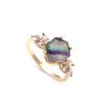 AAA++ Rainbow Fluorite Hexagon Multi Gemstone Ring 14k Gold Handmade Jewelry Wedding Gift