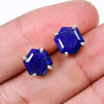 Genuine Lapis Lazuli Hexagon Stud Earrings 925 Sterling Silver Wedding Studs Valentine Gift