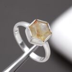 Natural Golden Rutile Quartz Hexagon Stacking Ring 925 Sterling Silver Jewelry Anniversary Gift
