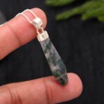 Natural  Moss Agate Coffin Shape Pendant Necklace 925 Sterling Silver Statement Jewelry