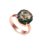 Natural Moss Agate Octagon Shape Ring Solid Silver Rose Gold Plated Bohemian Jewelry