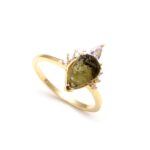 Meteorite Moldavite Pear Shape Wedding Ring 14k Gold Czech Republic Rough Moldavite Jewelry
