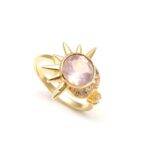 Natural Rose Quartz Sun & Moon Ring Round Stone Ring 14k Gold Healing Crystal Jewelry