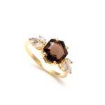 Genuine Smoky Quartz Hexagon Propose Ring 14k Gold Bohemian Jewelry Unique Gift For Love