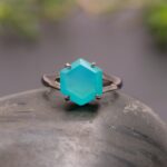 Natural Blue Chalcedony Hexagon Shape Handmade Ring 925 Sterling Silver Black Oxidized Jewelry Birthday Gift