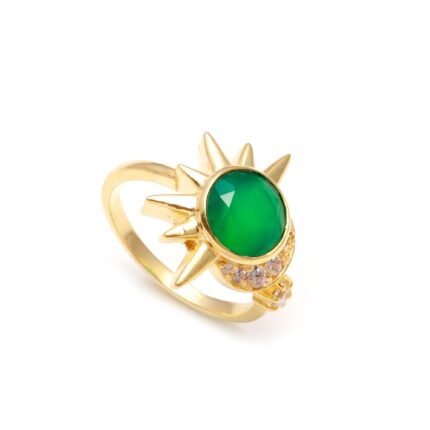 Natural Green Onyx Sun & Moon Round Shape Ring, 14k Gold Lightweight Jewelry, Handmade Ring, Vintage Ring, Engagement Ring, Mothers Day Gift