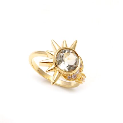 Natural Green Amethyst Round Shape Ring, 14K Gold Chunky Jewelry, Healing Crystal Ring, Sun & Moon Design Ring, Handmade Ring, Birthday Gift