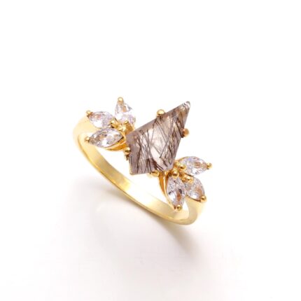 Natural Black Rutile Quartz Kite Shape Ring, 14K Gold Statement Jewelry, Handmade Ring, Vintage Ring, Engagement Ring, Birthday Gift For Her