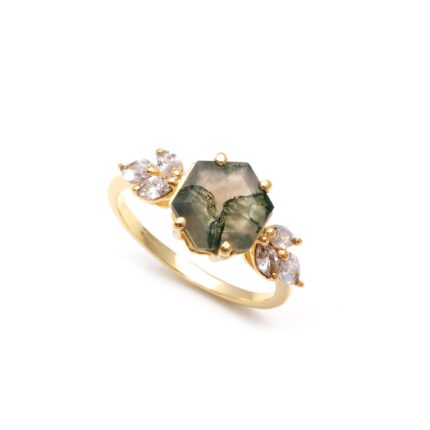 Natural Moss Agate Hexagon Shape Ring, 14K Gold Dainty jewelry, Engagement Ring, Handmade Ring, Vintage Ring, Delicate Ring, Engagement Gift