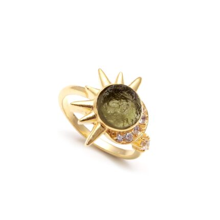 Green Moldavite Round Shape Ring, 14K Gold Lightweight Jewelry, Handmade Ring, Vintage Ring, Engagement Ring, Wedding Ring, Mothers Day Gift