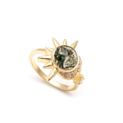 Natural Moss Agate Round Stone Ring, 14K Gold Delicate Jewelry, Handmade Ring, Engagement Ring, Sun & Moon Ring, Vintage Ring, Birthday Gift