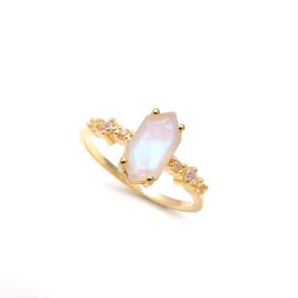 100% Natural Blue Fire Moonstone Elongate Hexagon Ring, 14K Gold Statement Jewelry, Boho Ring, Engagement Ring, Vintage Ring, Birthday Gift