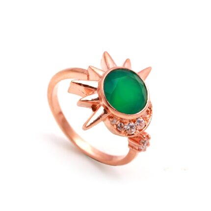 Natural Green Onyx Round Sun & Moon Ring, 925 Sterling Silver Rose Gold Plated Jewelry, Green Agate Sun Moon Ring, Birthday Gift For Lover