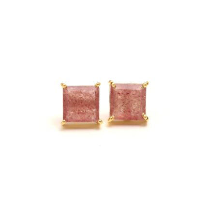 Natural Strawberry Quartz Square Stud Earrings, 14K Gold Vintage Jewelry, Designer Studs, Bohemian Studs, Minimalist Studs, Birthday Gift