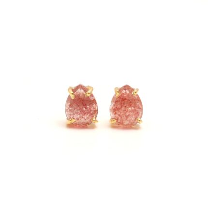 Natural Strawberry Quartz Pear Stud Earrings, 14K Gold Vintage Jewelry, Designer Studs, Bohemian Studs, Minimalist Studs, Birthday Gift
