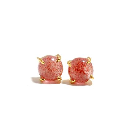 Natural Strawberry Quartz Round Stud Earrings, 14K Gold Delicate Jewelry, Handmade Studs, Red Gemstone Studs, Birthday Gift, Wedding  Gift,