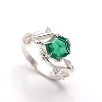 Natural Created Emerald Hexagon Leaf Design Ring, 925 Sterling Silver Handmade Jewelry, Delicate Ring, Green Stone Ring, Boho Birthday Gift