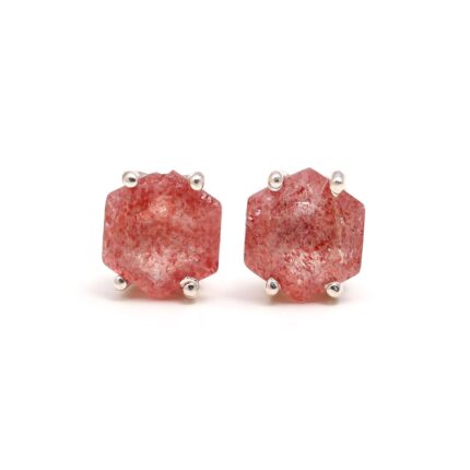 Natural Strawberry Quartz Hexagon Studs Earrings, 925 Sterling Silver Vintage Jewelry, Unique Studs, Minimalist Earrings, Birthday Gift